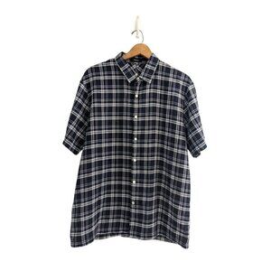 Theory Neo Woven Linen Short Sleeve Plaid Checkered Shirt Size L